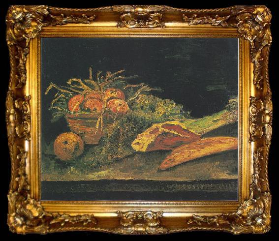 framed  Vincent Van Gogh Still life with apple basket, meat and bread rolls, ta009-2